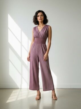 Max Studio Mauve V-Neck Smocked-Waist Wide-Leg Jumpsuit
